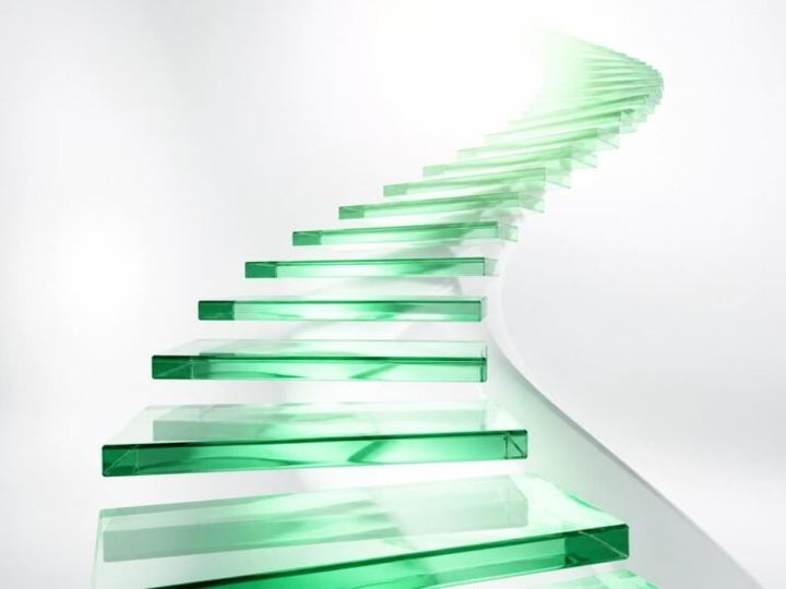 Abstract green staircase rising upward